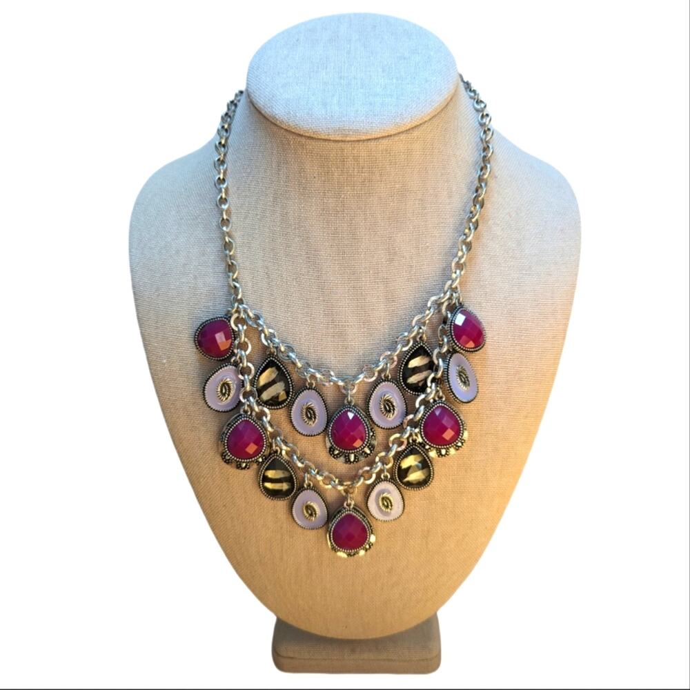 Premier Designs Layered Reversible Silver Tone Faceted Charm Statement Necklace